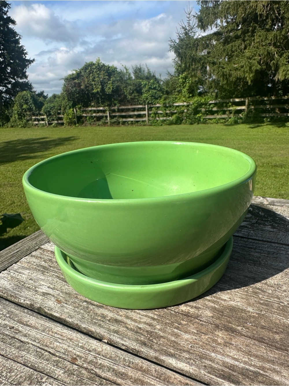 8 in green glazed ceramic planter bowl with a matching saucer